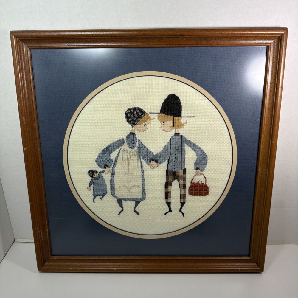 Vtg 1980s Couintry Amish Style Cross Stitch Framed Double Matted Art Cottagecore